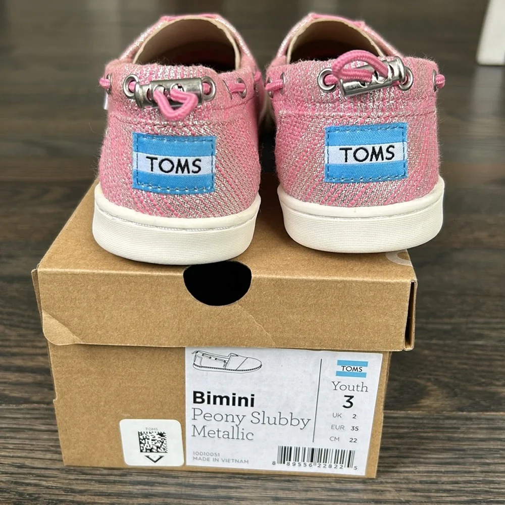 TOMS Bimini Peony Slubby Metallic Pink YOUTH 3 Girls Glam/Shimmery/ Glitter Boat